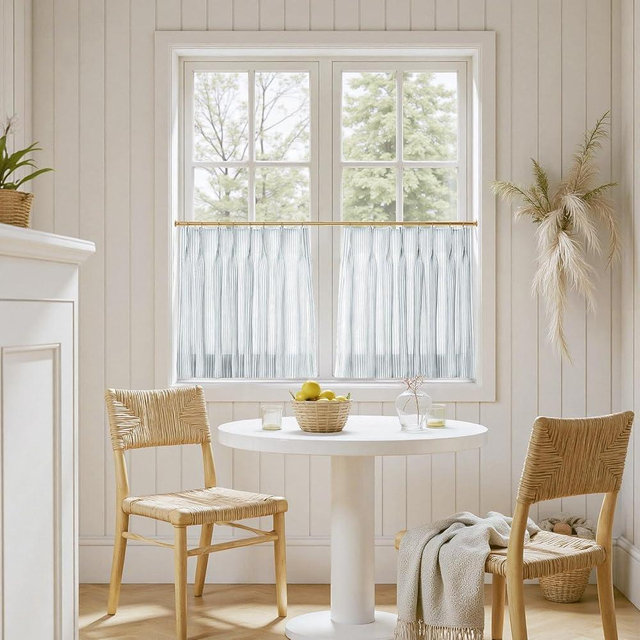TWOPAGES Pinch Pleat Cafe Curtains 18 Inch Long Ticking Stripe Light Filtering Farmhouse Half Window Curtains for Bathroom (Light Blue Pinstripe, 26W x 18L Inches, Set of 2)