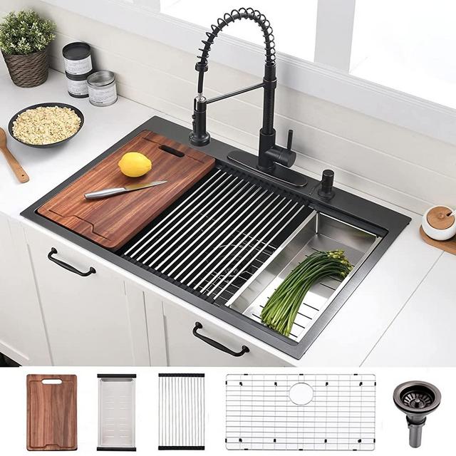 33x22-Inch Black Drop In Kitchen Sink Workstation - VOKIM 33 Inch Single Bowl Kitchen Topmount Sink 16 Gauge Stainless Steel 10'' Deep Handmade Kitchen Sink with Cutting Board& Strainer
