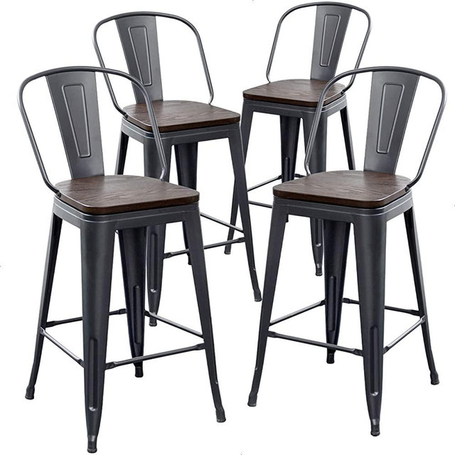 AKLAUS 26" Bar Stools Set of 4,Counter Height Bar Stools with Larger Seat,Bar Stools with Back,Black Metal Bar Stools with Removable Back,Farmhouse Bar Stools,High Back Kitchen Bar Stools Chair