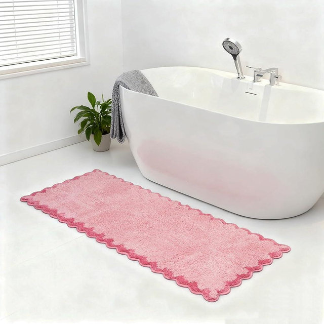 ORTIGIA Long Cute Scalloped Bathroom Rugs Runner, Fun CandyPink Plush Microfiber Scallop Bath Mats Non Slip Washable Quick Dry Absorbent, Rug Carpet for Bathtub Sink Laundry Room Bedroom, 24x59