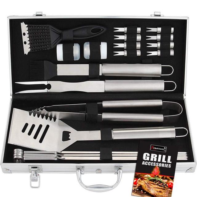 ROMANTICIST 20pc Stainless Steel BBQ Grill Tool Set - Perfect BBQ Gift for Men Women on Birthday Wedding - Complete Outdoor Barbecue Grilling Accessories Kit in Aluminum Storage Case