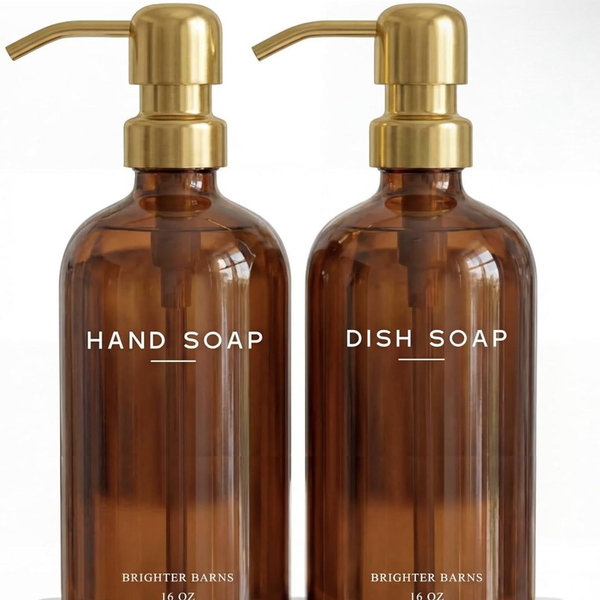 Luxury Glass Hand and Dish Soap Dispenser Set with Tray by Brighter Barns - Amber/Gold