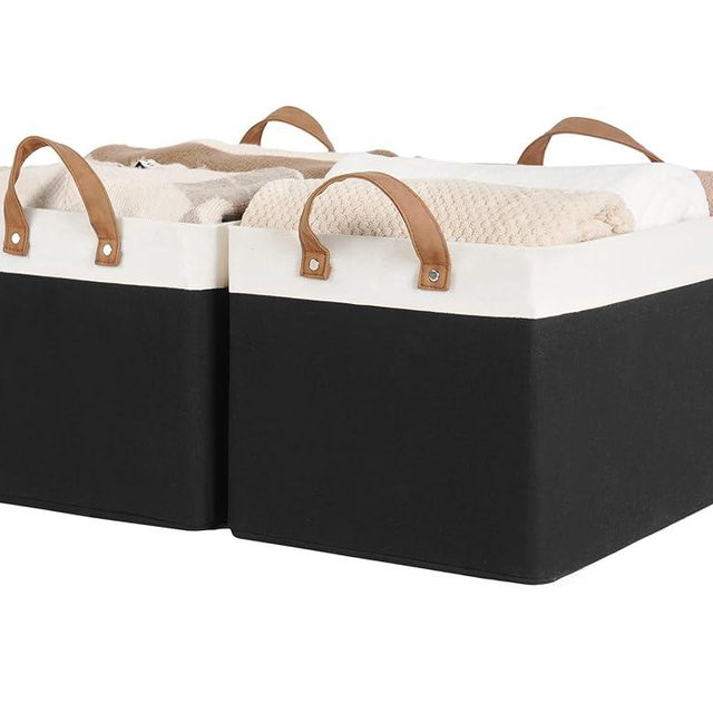 StorageWorks Storage Bins, Fabric Storage Bins for Shelves, Large Storage Baskets with Metal Frame, Closet Baskets and Bins with Handles, Black and White, 2-Pack