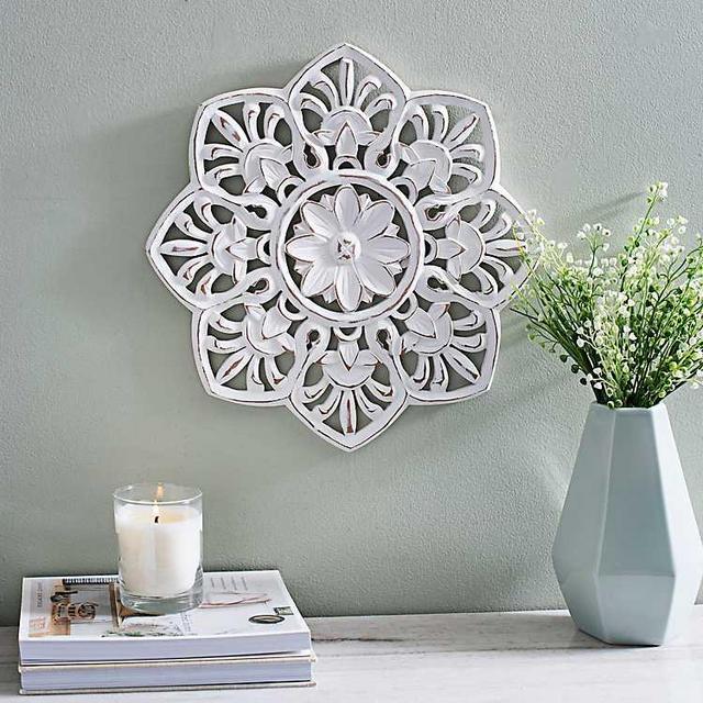 Brushed White Carved Flower Plaques, Set of 2