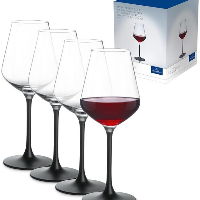 Villeroy & Boch Manufacture Rock Red Goblet, Set of 4, Crystal Wine Glasses in Exciting Black, Dishwasher Safe