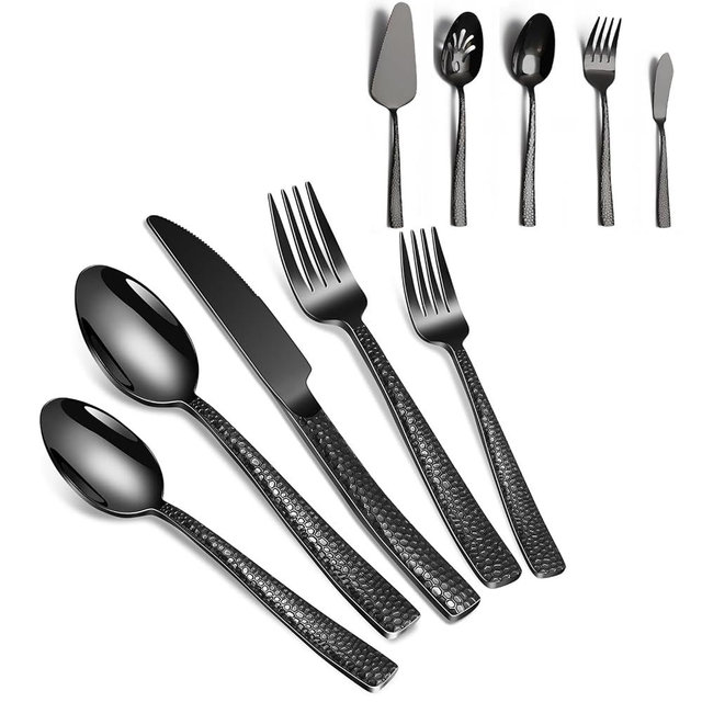 45-Piece Silverware Set with Serving Utensils Set, Black Hammered Stainless Steel Flatware for 8, Food-Grade Tableware, Including Fork, Knife, Spoon Set, Home Kitchen Cutlery, Dishwasher Safe
