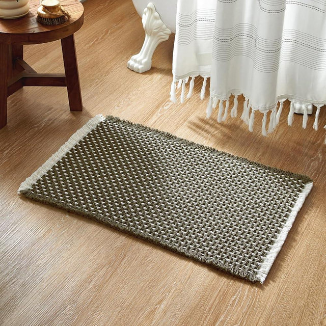 TYUU Boho Bathroom Rug, Super Absorbent Non Slip Bath Mat Quick Dry, Washable Farmhouse Rug for Bathroom with Non Slip Pad, Dark Green and White 30"x20"