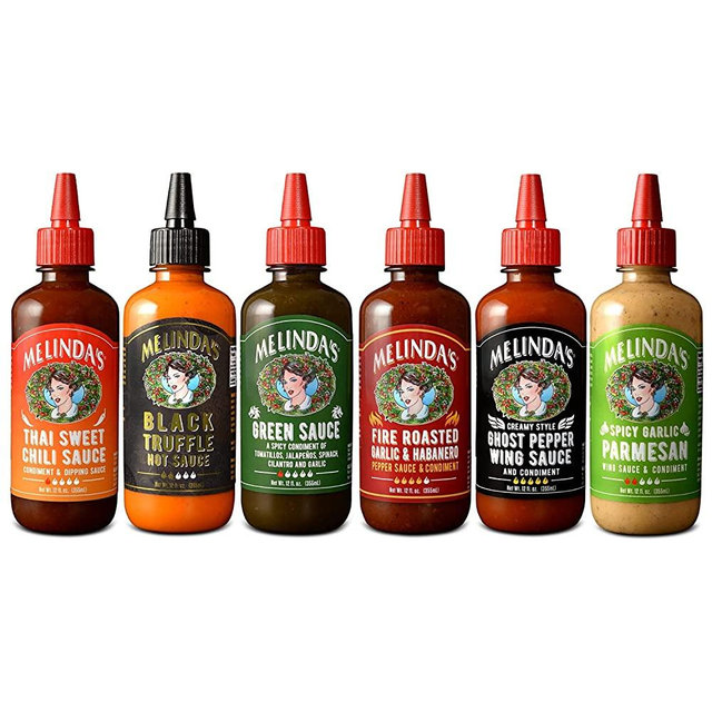 Melinda’s - A Taste of Melinda’s Collection – Craft Pepper Sauce and Condiment Gift Set - Includes Black Truffle, Thai Sweet Chili, Roasted Garlic & Habanero, Ghost Pepper, Spicy Garlic Parmesan- 12 oz, 6 Pack