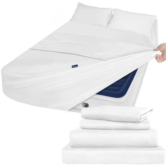 Queen Sheet Set Deep Pocket - 4 Piece Extra Soft Queen Bed Sheets - Side Storage Pocket Fitted Sheet & Pillowcase & Flat Sheet - Easily Fits 16in to 24in Pillow Top Air Bed Mattress - White
