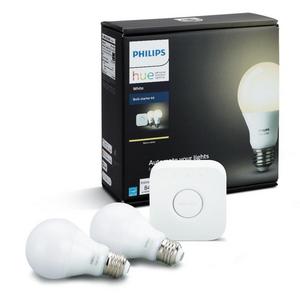 Philips Hue White A19 60W Equivalent Dimmable LED Smart Bulb Starter Kit (2 A19 60W White Bulbs and 1 Hub Compatible with Amazon Alexa Apple HomeKit and Google Assistant), 2 Pack
