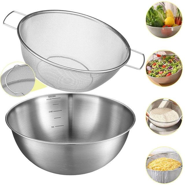 Stainless Steel Colander and Strainer Bowl Set, 3.5QT Kitchen Colander with Handle, 304 Stainless Steel Pasta Strainer and Solid Bowl for Kitchen Use