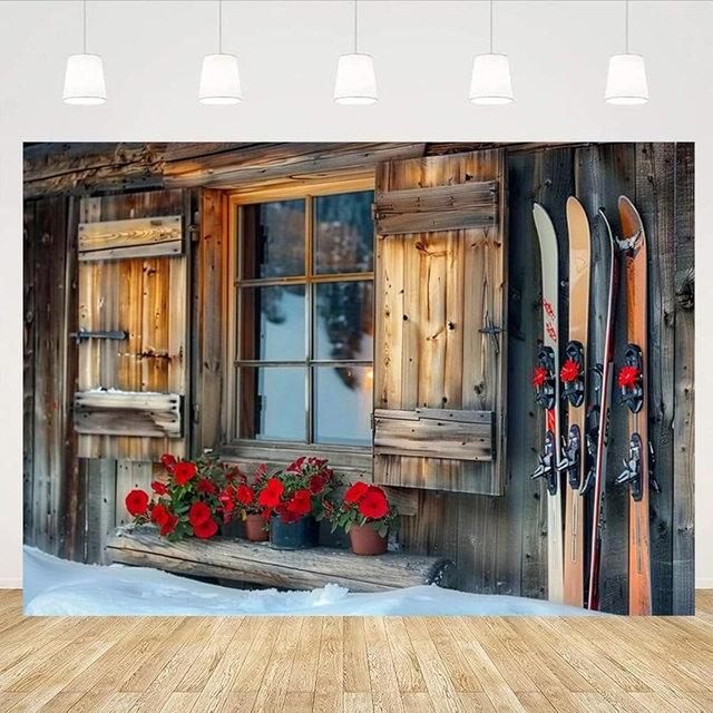 Ski Lodge Winter Photography Backdrop Rustic Wood Cabin Ski Party Christmas Party Decoration Background Holiday Travel Ski Sport Kids Adults Portrait Backdrop Winter Snow Adventure Banner (1,9X6FT)