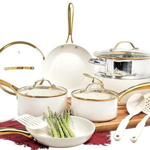 Gotham Steel 15 Pc Ceramic Cookware Set, Ceramic Pots and Pans Set Non Stick with Cooking Utensils and Steamer, Non Toxic PFOA PFOS Free, Premium Gold Stay Cool Handles, Oven & Dishwasher Safe