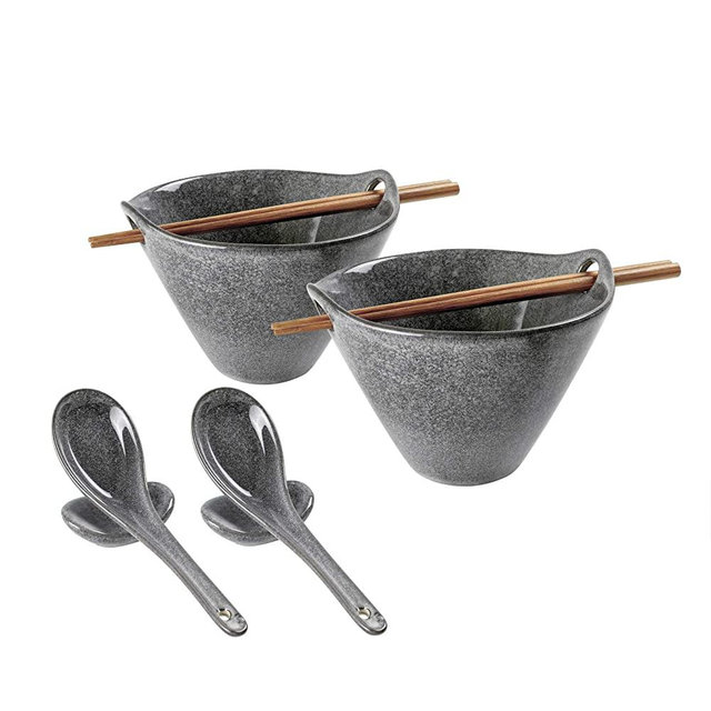Japanese Ramen Bowl Set with Chopsticks, Spoons and Rests, UNICASA 26oz Deep Porcelain Noodle Bowl Set of 2 for Udon, Pho, Salad, Soup (Reactive Gray)