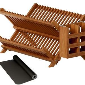 Greenual Teak Dish Drying Rack with Utensil Holder, 2 Tier Collapsible Dish Rack, Wooden Dish Racks for Kitchen Counter, Folding Drying Holder with Absorbent Dish Drying Mat
