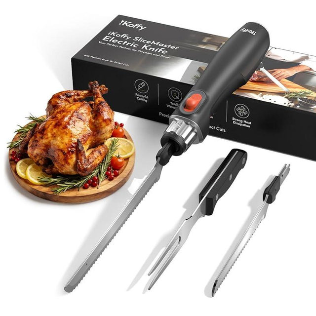 iKoffy SliceMaster Cordless Electric Knife, 45W High-Torque Motor, 9.3" & 10.9" 420 Stainless Steel Blades, Waterproof Rechargeable Electric Carving Knife, Type-C Charge, Safety Lock, Black