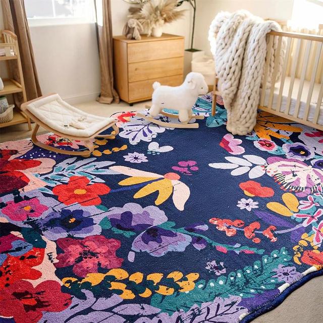 Estmy Boho Vintage Floral Area Rug 5x7 Washable Thin, Aesthetic Cute Bedroom Rugs Colorful Blue Nursery Rug Modern Abstract Tropical Accent Rug Floor Carpet for Kitchen Dining Living Room