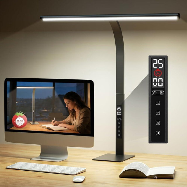 Moremili LED Desk Lamp for Office Home: Pomodoro Timer Table Light with Base 1600 Lumen Bright - 5 Color Stepless Dimming for Reading Study Drafting