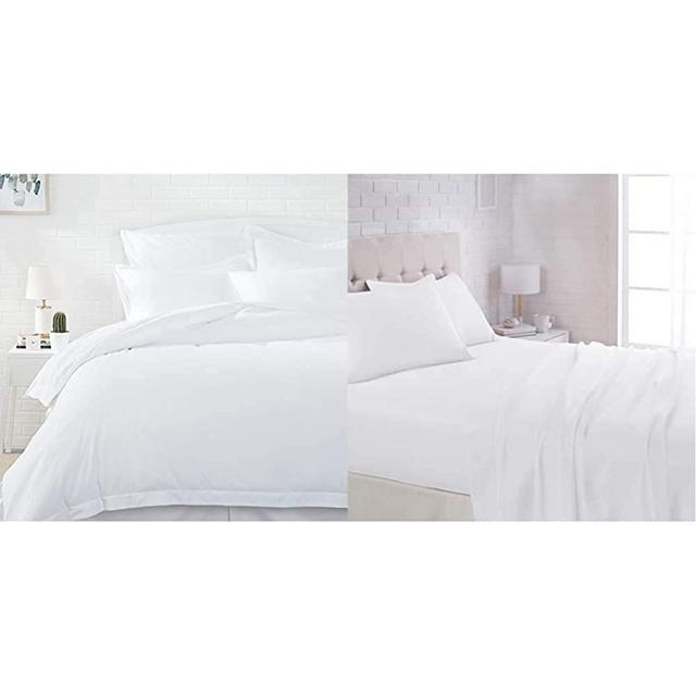 AmazonBasics Light-Weight Microfiber Duvet Cover Set with Snap Buttons - Full/Queen, Bright White & Lightweight Super Soft Easy Care Microfiber Sheet Set with 16" Deep Pockets - Queen, Bright White