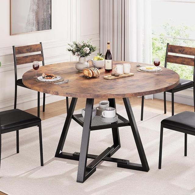 Rustic Brown Round Pedestal Dining Table - Space Saving Wood Kitchen & Dining Room Table, 42In