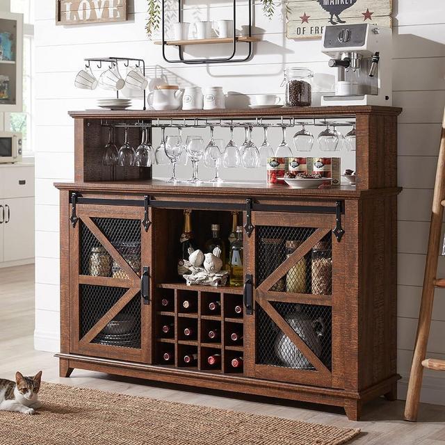 OKD Farmhouse Coffee Bar Cabinet with LED Lights, 55" Sideboard Buffet Table w/Sliding Barn Door & Wine and Glass Rack, Home Liquor Bar w/Storage Shelves for Dining Room,Reclaimed Barnwood