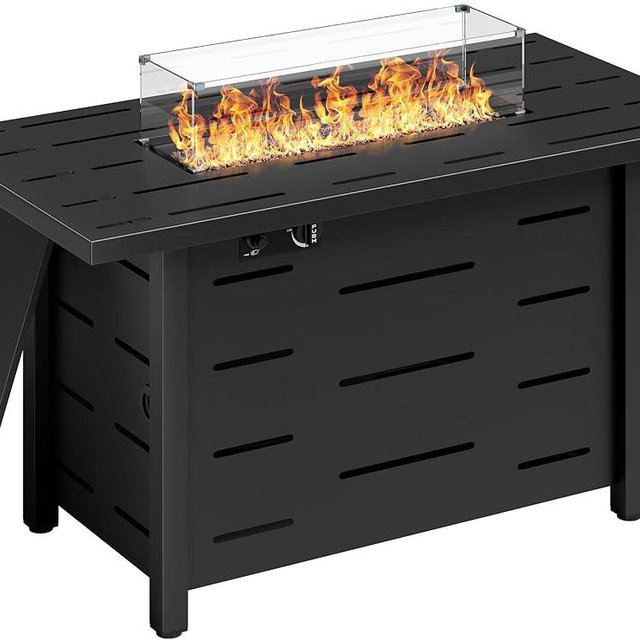 JAMFLY Propane Fire Pit 43" Outdoor Fire Pit Table 50000 BUT Gas Fire Table with Lid, Glass Wind Guard, Lava Rock and Waterproof Cover for Outside Garden Patio Backyard