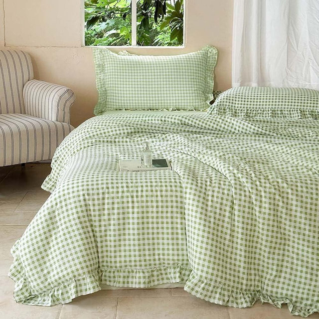 NSNLGSGC Sage Green Ruffle Gingham Comforter Set Queen, Pre-Washed Ruffled Plaid Checked Comforter Bedding, 3 Pieces Vintage Farmhouse Grid Bedding Set(Green Gingham, Queen)