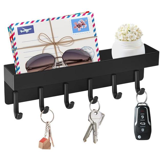 VIS'V Magnetic Key Holder Wall Mount, Compact Metal Key Rack with Tray, 6 Hooks, 2 Mount Options, Black