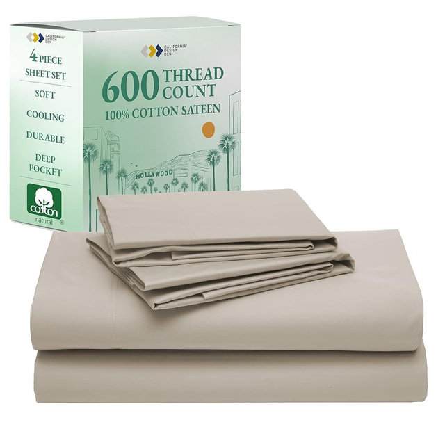 California Design Den Queen Size Sheets Deep Pocket Set - Luxury 600 Thread Count Sateen, Natural 100% Cotton Queen Sheets, Fully Elasticized, Crisp, Cool and Durable Hotel Style Bedding - Soft Linen