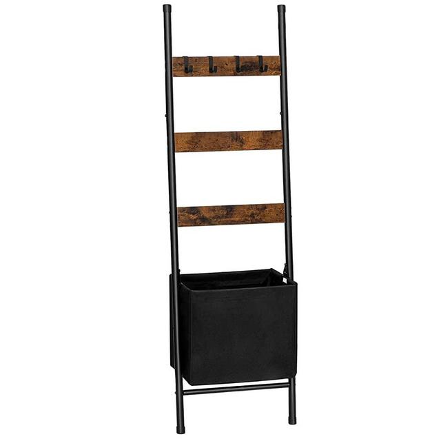 HOOBRO Blanket Ladder with Basket, 4 Tier Ladder Shelf, Decorative Ladder, Blanket Holder Rack with 4 Removable Hooks, Drying and Display Rack for Bathroom, Stable and Sturdy Rustic Brown BF31CJ01
