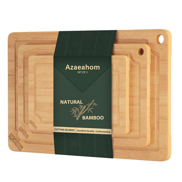 Azaeahom Bamboo Cutting Boards for kitchen, Wood Cutting Board with Juice Grooves & Built-in Handles, Large Medium Small Chopping Board for Meat, Vegetables