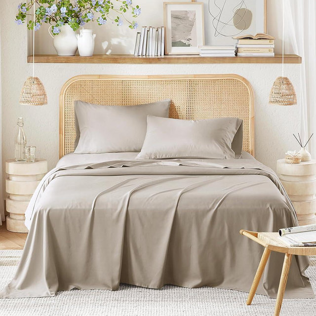 Comfort Spaces Cooling Sheet Set Poly X Rayon Blend (Rayon Derived from Bamboo), Soft, Silky, Lustrous, Heathered Finish Queen Sheets for Summer All Season Sheet Set, Queen, Beige, 4 Piece