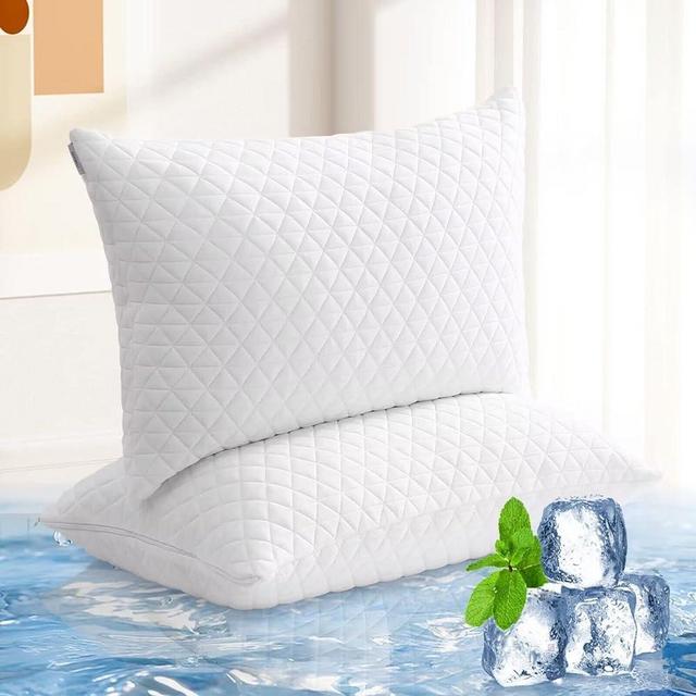 ASHOMELI Cooling Bed Pillows for Sleeping 2 Pack Shredded Memory Foam Pillows Cool Bamboo Pillow for Side Back Stomach Sleepers Queen Size Set of 2 with Washable Removable Bamboo Cover