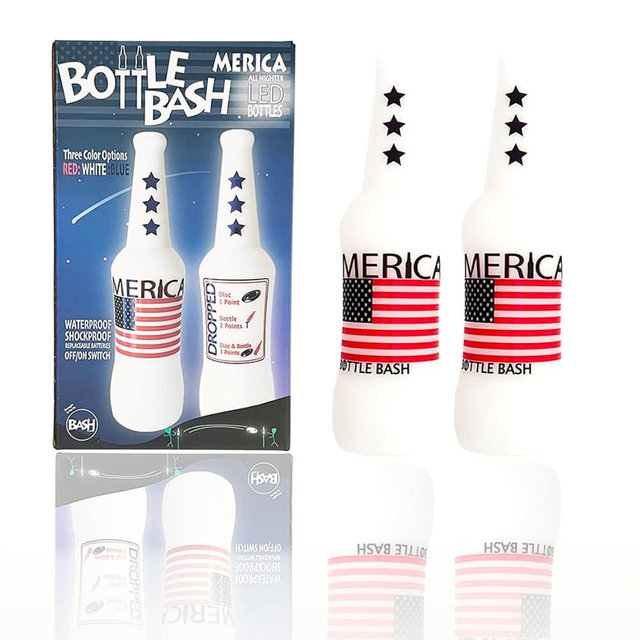 Poleish Sports Original Bottle Bash (Beersbee, Polish Horseshoes, Frisbeer) Bottle Set, Unbreakable - Choose Yellow, USA or USA with LED Version - White USA LED Multi Color Select