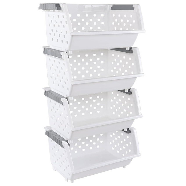 Lasbily Set of 4 Plastic Stackable Storage Baskets, Stackable Organizer Bins for Kitchen, Pantry and Bathroom, White