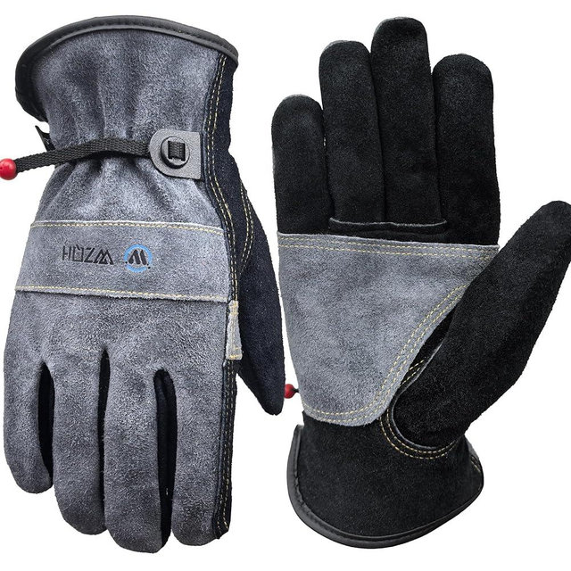 WZQH Leather Work Gloves for Men or Women, Large Glove for Gardening, Tig/Mig Welding, Construction, Chainsaw, Farm, Ranch, etc. Cowhide, Cotton Lined, Utility, Firm Grip, Durable. Grey-Black L
