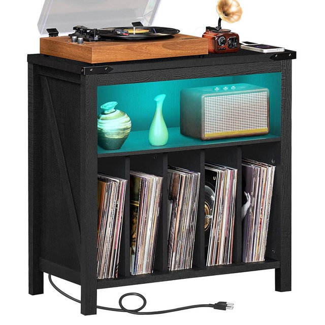 Large Record Player Stand with Charging Station & LED Lights, Vinyl Records Storage Holder Cabinet Holds up to 230 Albums, Turntable Stand for Music Room, Bedroom, Living Room, Office (Black)