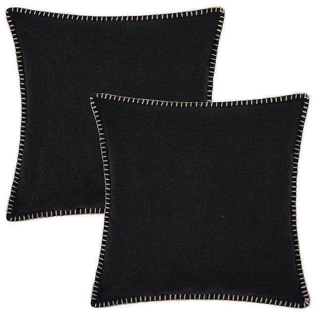 decorUhome Decorative Throw Pillow Covers 26x26 Set of 2, Square Linen Farmhouse Pillow Covers with Stitched Edge, Rustic Pillow Covers for Couch, Sofa, Living Room, Black