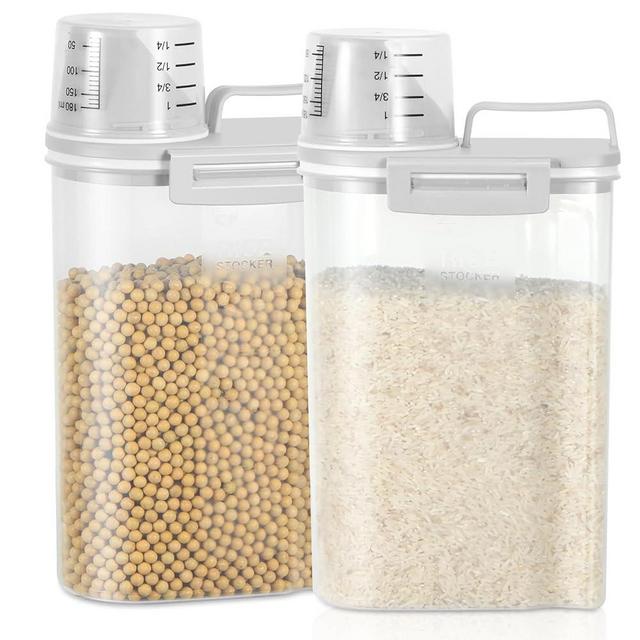 TBMax Rice Storage Container 2 Pack, Plastic Kitchen Pantry Food Storage Container with Cup, Small Pet Dog Cat Food Container Dispenser