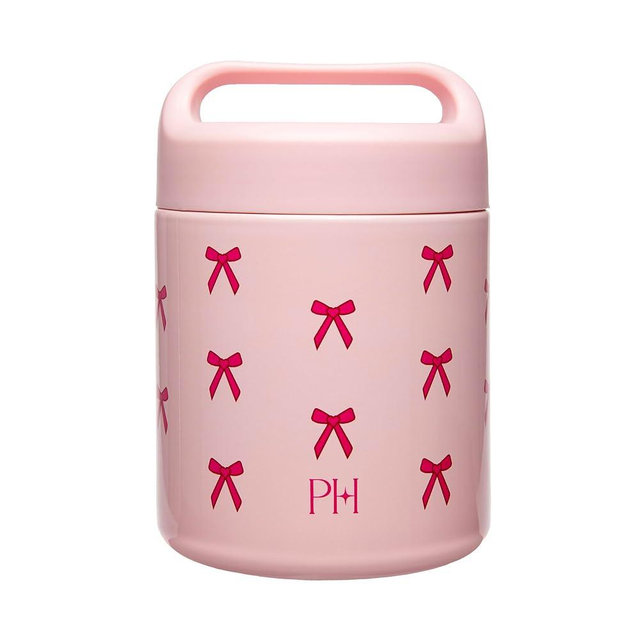 Paris Hilton Stainless Steel Food Jar, Double Wall Vacuum Sealed Insulated Food Storage Container with Carry Handle Lid, 12-Ounce, Pink with Bow Design