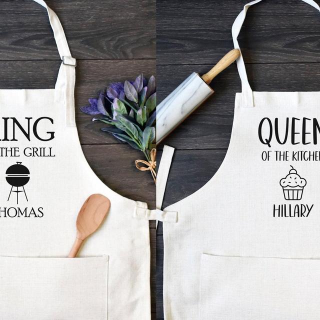 His and Hers Linen Kitchen Aprons, Funny Cooking Apron with Pocket Set of Two
