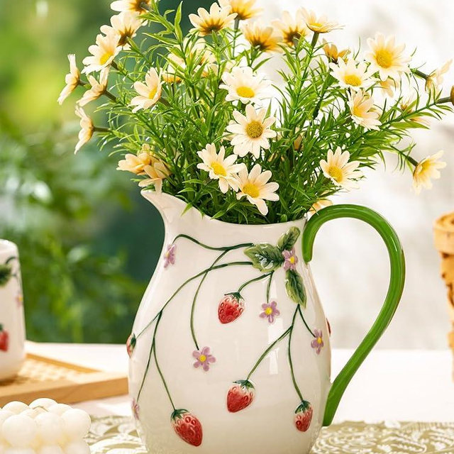 Ceramoira Strawberry Summer Pitcher Vase with Handle, Artisanal Handmade | Ceramic Farmhouse Floral Jug with Handle, Country Vase for Home Decor, Utensil Holder, 1.6 Quarts