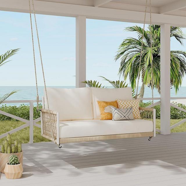 Merax 51.6" Length 1-Piece 2-Seats Woven Rope Outdoor Hanging Porch Swing Sofa with Soft Cushions for Patio,Beige