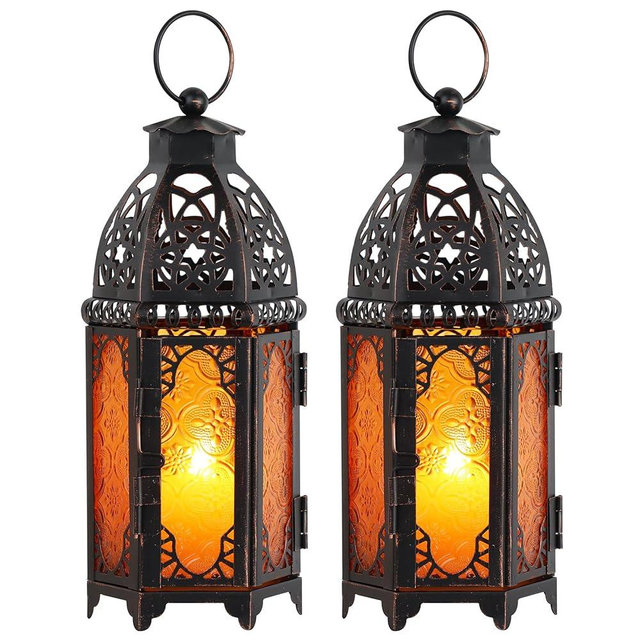 DECORKEY Set of 2 Moroccan Lanterns Decorative Indoor & Outdoor, 11’’ Medium Size Vintage Metal Hanging&Tabletop Candle Holder Decor, Halloween Christmas Ramadan Decorations for Home (Amber)