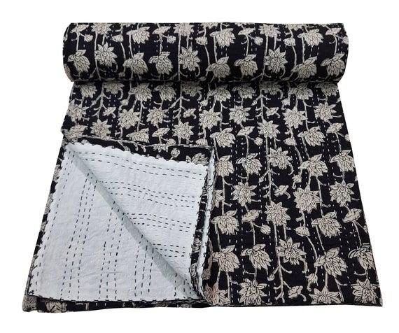 Kantha Quilt, Kantha Blanket, Kantha Throw, Vintage Kantha, Stitch Quilt, Tree Print Black Kantha, Indian Kantha Quilt, Handmade Quilt