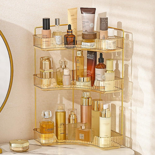 Aveniee Corner Bathroom Counter Organizer, Bathroom Countertop Shelf Makeup Organizer for Vanity Perfume Tray for Corner Storage (3 Tiers, Gold)