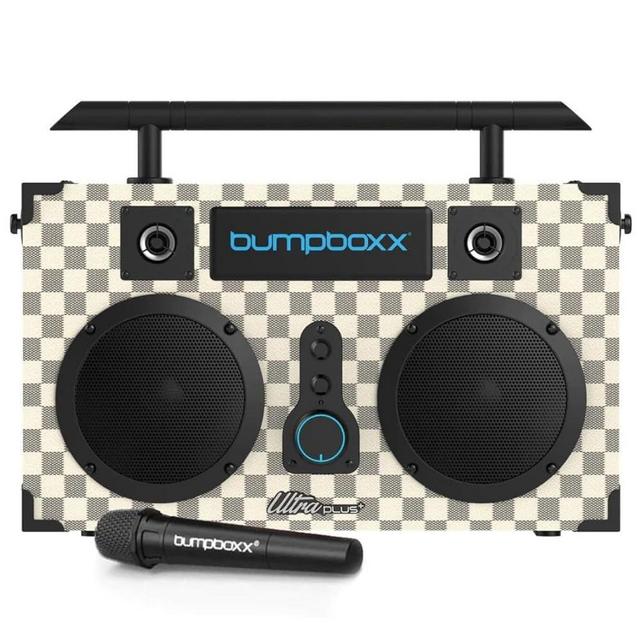 Bumpboxx Bluetooth Boombox Ultra Plus | Retro Boombox with Bluetooth Speaker | Includes Rechargeable Lithium Battery, Carrying Strap & Mic | Easy to Carry | White Checkered