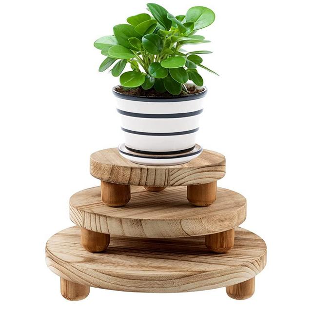 Set of 3 Mini Wooden Stool Display Stand - Round Decorative Flower Shelf Bonsai Rack Garden Plant Pot Riser Holder Modern Plant Stand with Wood Grain for Indoor Outdoor Home Patio Decoration (S, M, L)