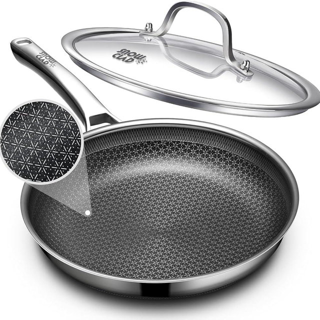OATOFP Non Stick Frying Pans 12 inch, Hybrid Improved Version Frying Pans Nonstick with Lid,non stick Stainless Steel Skillets, Dishwasher and Oven-Safe Chef Pan, PFOA Free Cookware