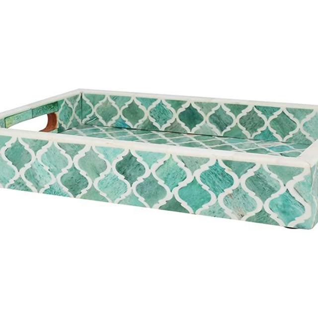 Moorish Moroccan Pattern Inspired Trays – Ideal Ottoman Tray – Multipurpose Bone Inlay Serving Tray or Simply Use as a Decorative Trays 12x8 Inches, Green